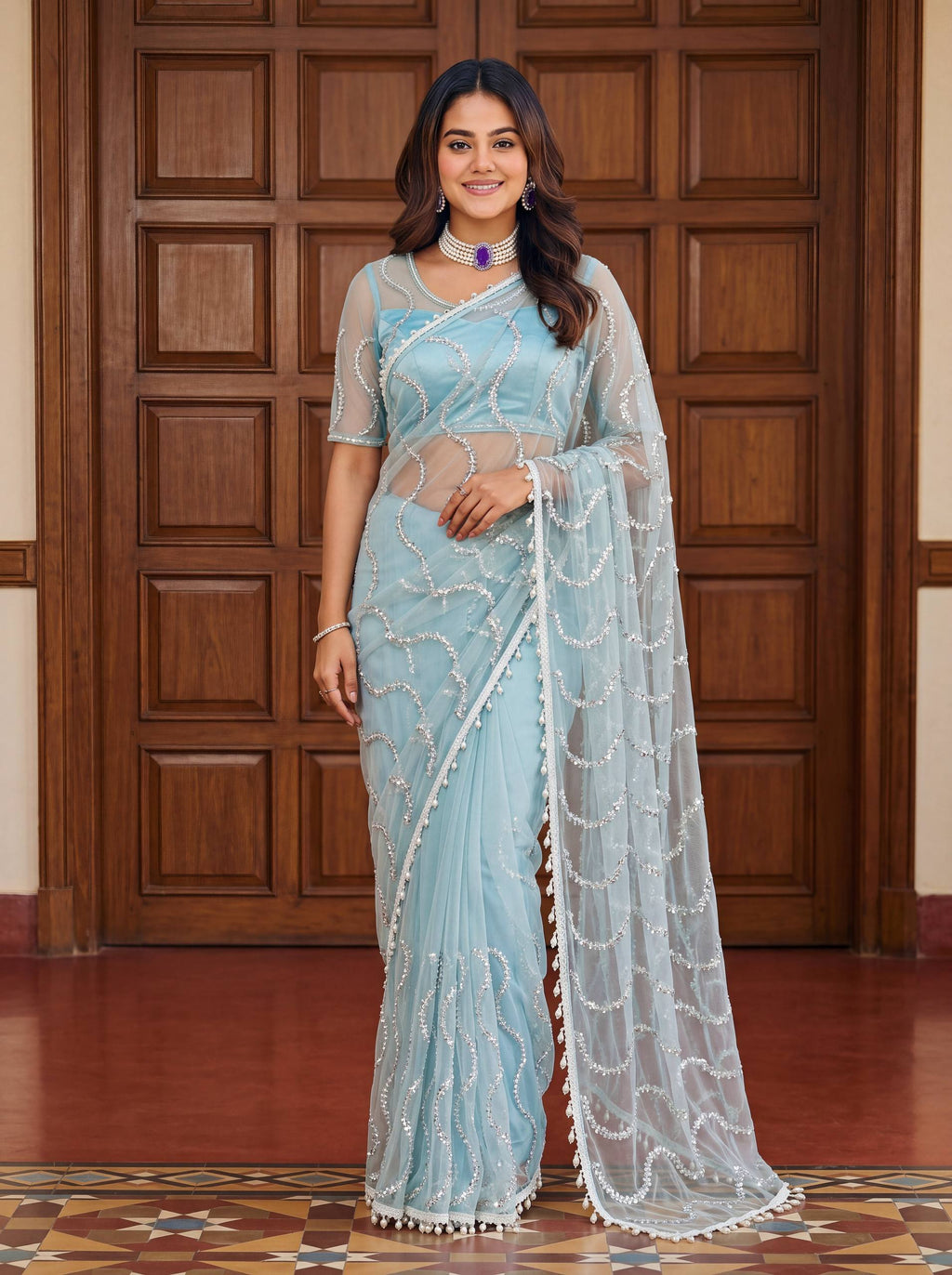 Lehenga Mart Designer Bollywood Style Party Wear Saree-Sky Blue | Grocsy