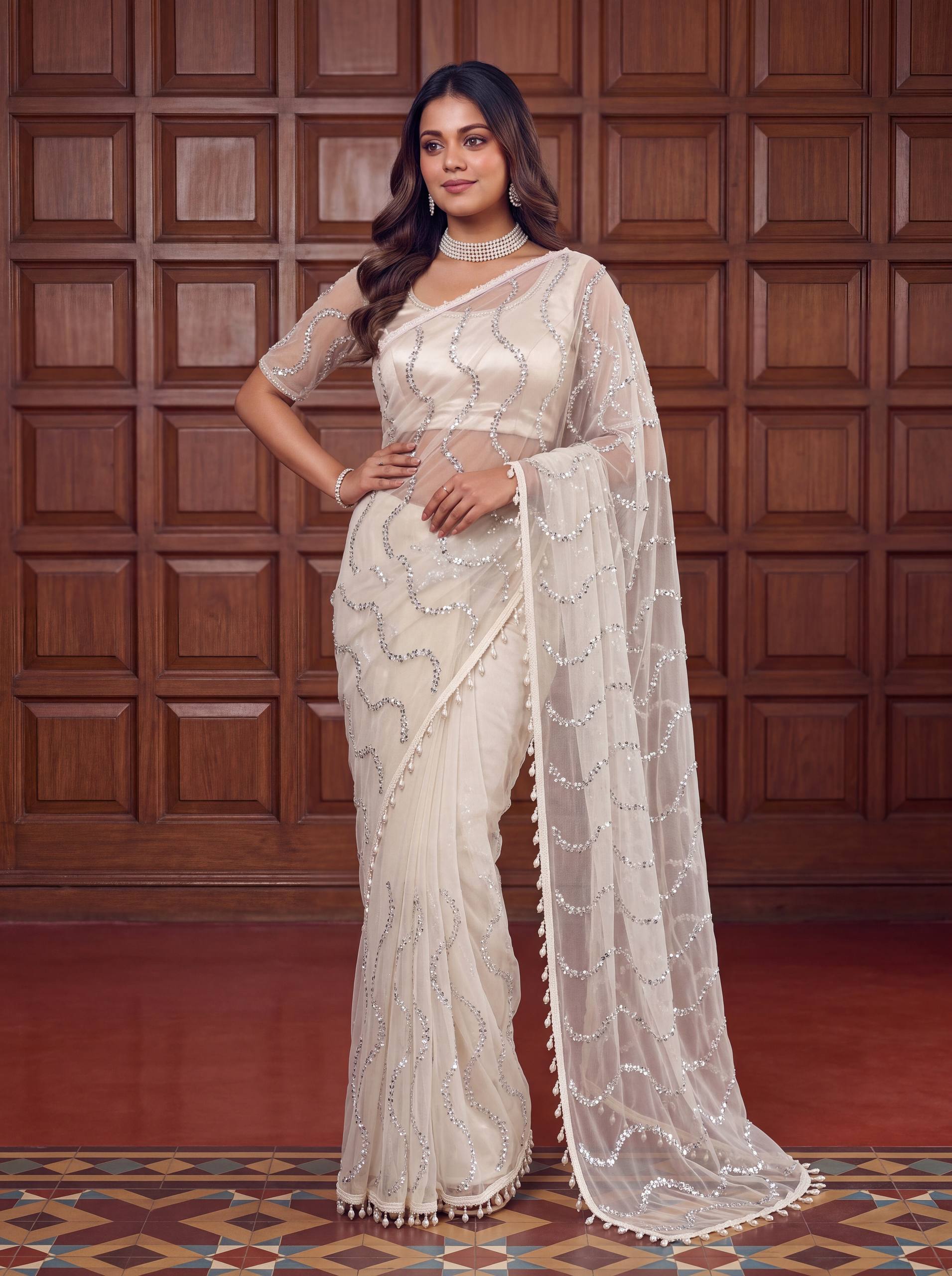 Lehenga Mart Designer Bollywood Style Party Wear Saree-White | Grocsy