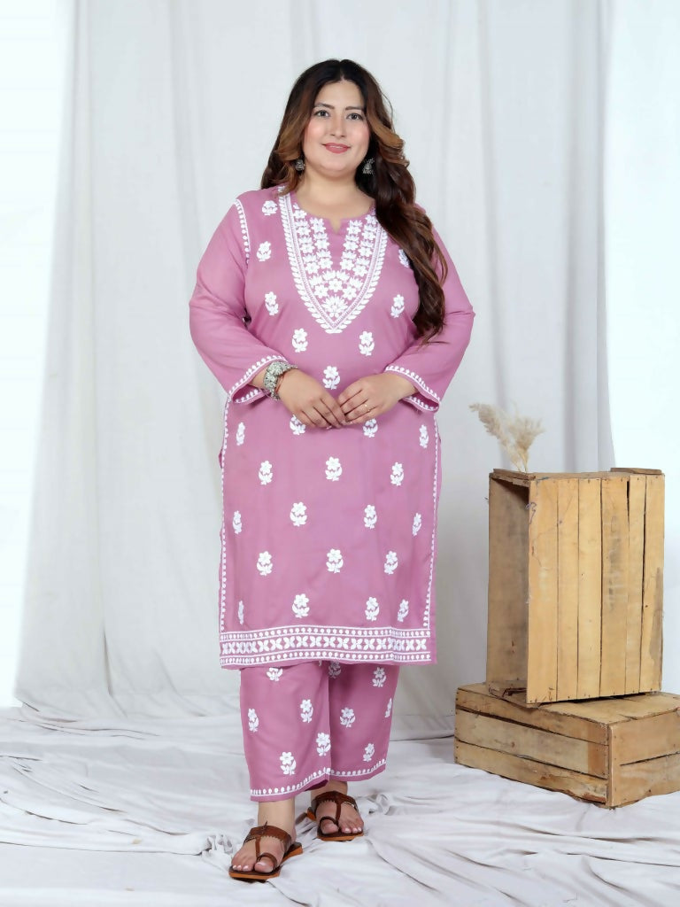 Miravan Women's Plus Size Chikankari Embroidery Pink Straight Kurta And Palazzo Set | Grocsy