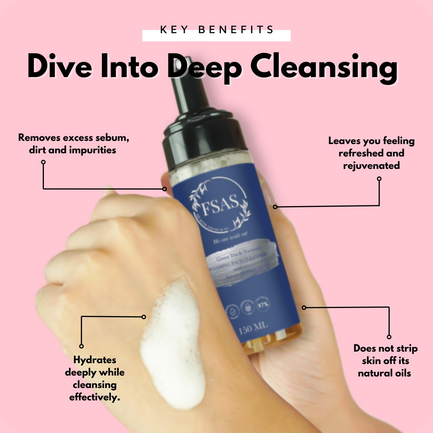 FSAS Health and Beauty 97% Plant-Derived Green Tea and Turmeric Foaming Face Cleanser | Grocsy