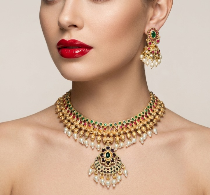 Jewel City Gold Plated South Indian Temple Traditional Indian Jewelry Set Bollywood Style Bridal Wedding Choker Set Festive Wear | Grocsy
