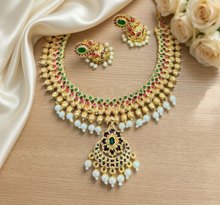 Jewel City Gold Plated South Indian Temple Traditional Indian Jewelry Set Bollywood Style Bridal Wedding Choker Set Festive Wear | Grocsy