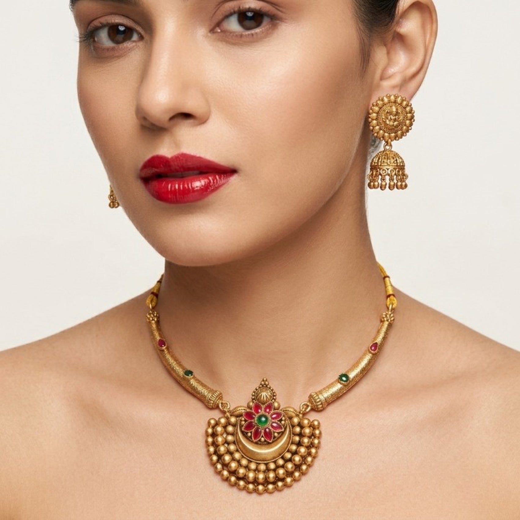 Jewel City Antique Gold Plated Temple Jewelry Set - Traditional Indian Necklace with Jhumka Earrings for Bridal Wedding & Festival | Grocsy