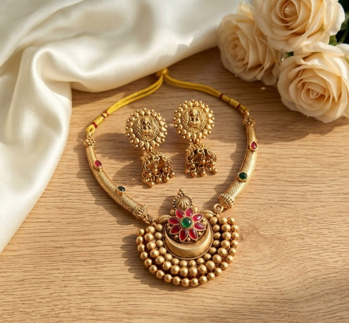 Jewel City Antique Gold Plated Temple Jewelry Set - Traditional Indian Necklace with Jhumka Earrings for Bridal Wedding & Festival | Grocsy