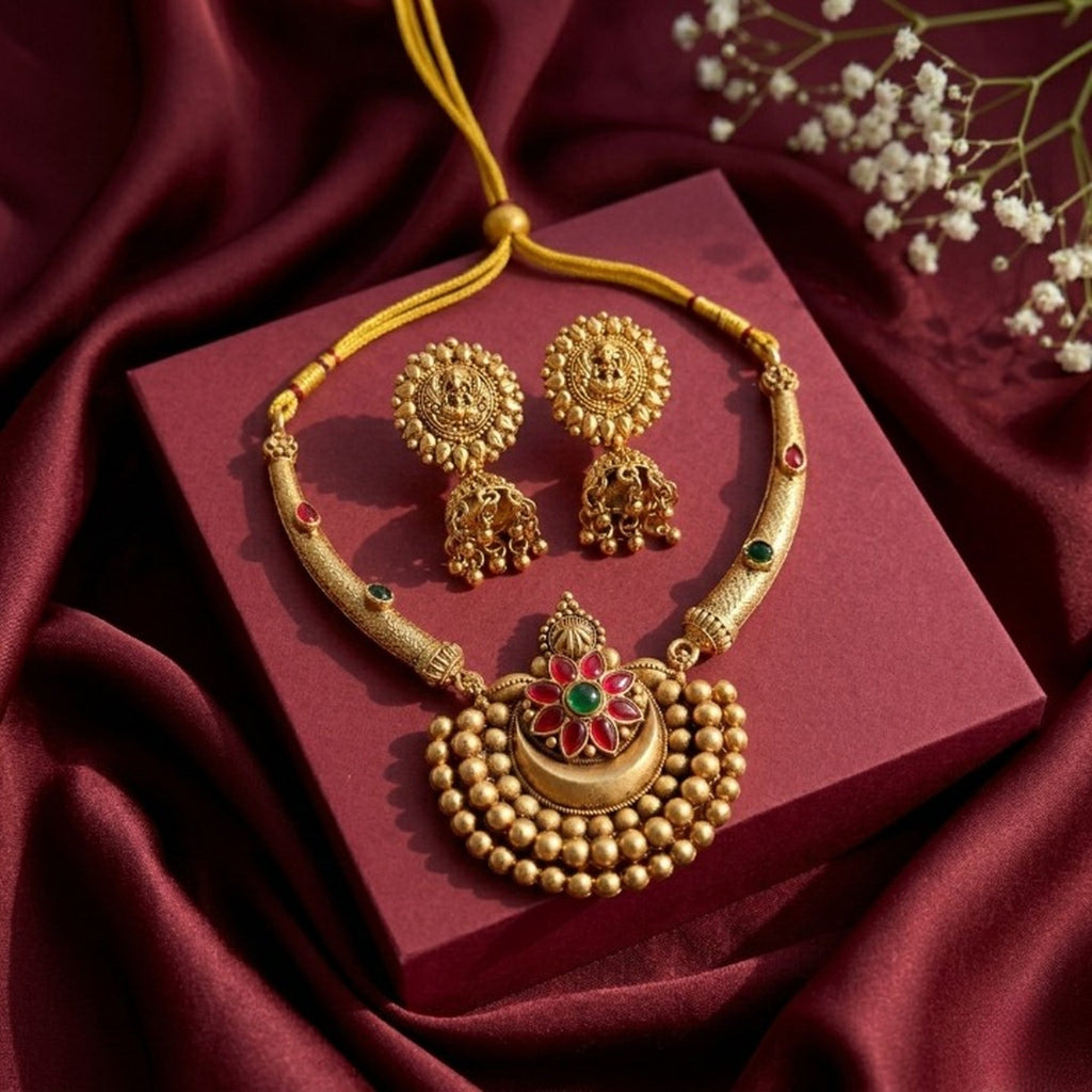 Jewel City Antique Gold Plated Temple Jewelry Set - Traditional Indian Necklace with Jhumka Earrings for Bridal Wedding & Festival | Grocsy
