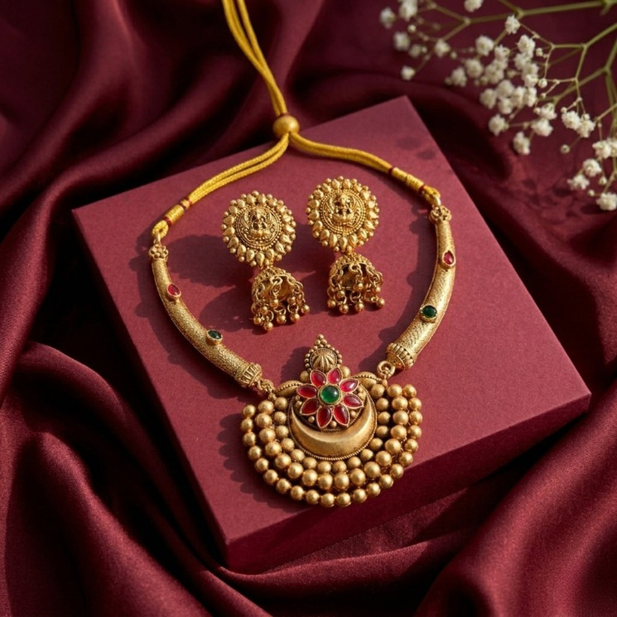 Jewel City Antique Gold Plated Temple Jewelry Set - Traditional Indian Necklace with Jhumka Earrings for Bridal Wedding & Festival | Grocsy