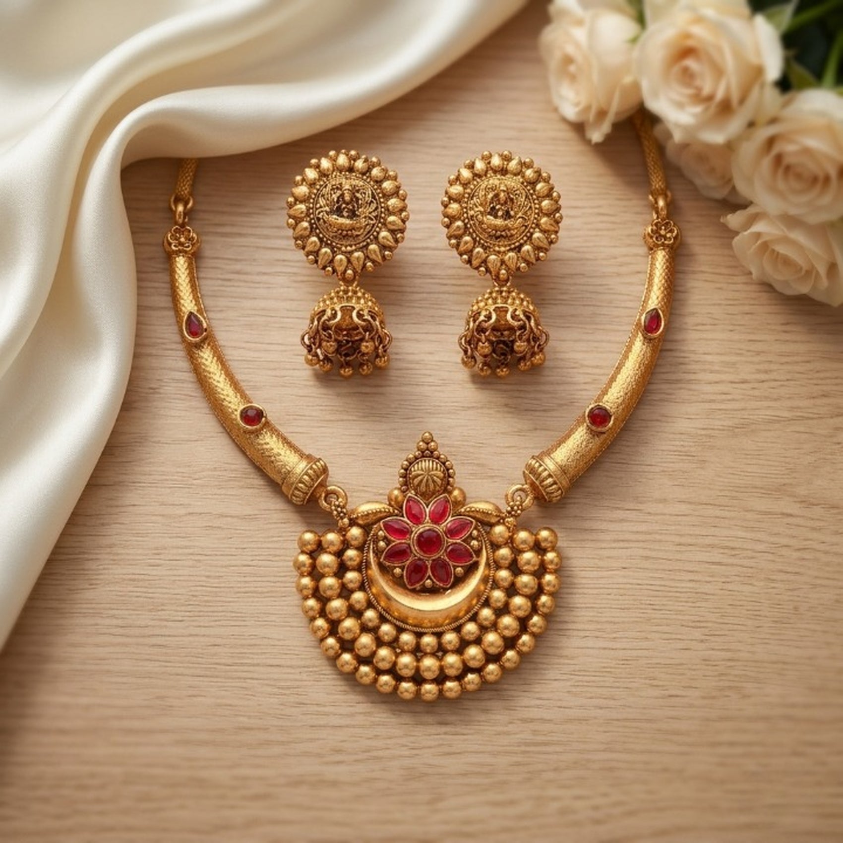 Jewel City Antique Gold Plated Temple Jewelry Set - Traditional Indian Necklace with Jhumka Earrings for Bridal Wedding & Festival | Grocsy