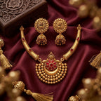 Jewel City Antique Gold Plated Temple Jewelry Set - Traditional Indian Necklace with Jhumka Earrings for Bridal Wedding & Festival | Grocsy