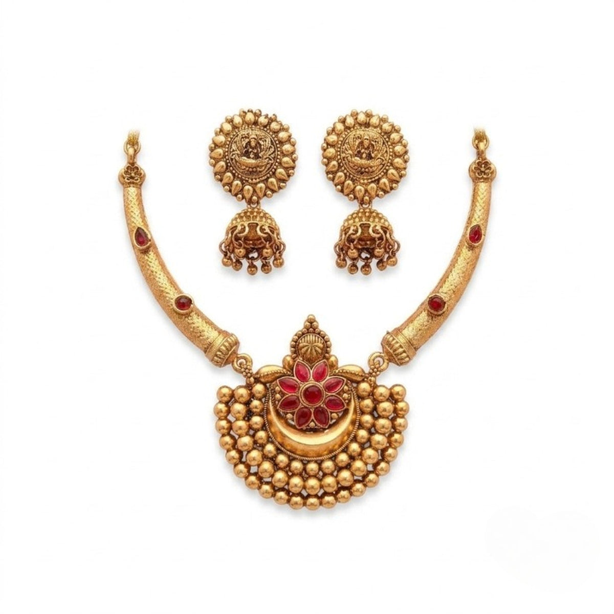Jewel City Antique Gold Plated Temple Jewelry Set - Traditional Indian Necklace with Jhumka Earrings for Bridal Wedding & Festival | Grocsy