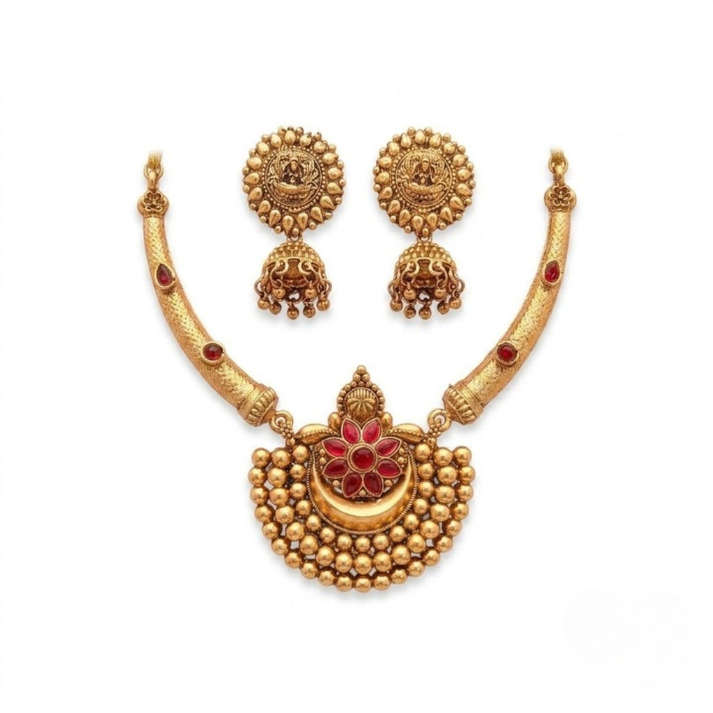 Jewel City Antique Gold Plated Temple Jewelry Set - Traditional Indian Necklace with Jhumka Earrings for Bridal Wedding & Festival | Grocsy