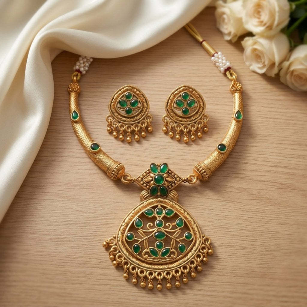 Jewel City Antique Gold Plated Matte Indian Necklace Set with Green Stones | Traditional Bollywood Wedding Jewelry with Earrings | Grocsy