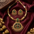 Jewel City Antique Gold Plated Matte Indian Necklace Set with Green Stones | Traditional Bollywood Wedding Jewelry with Earrings | Grocsy