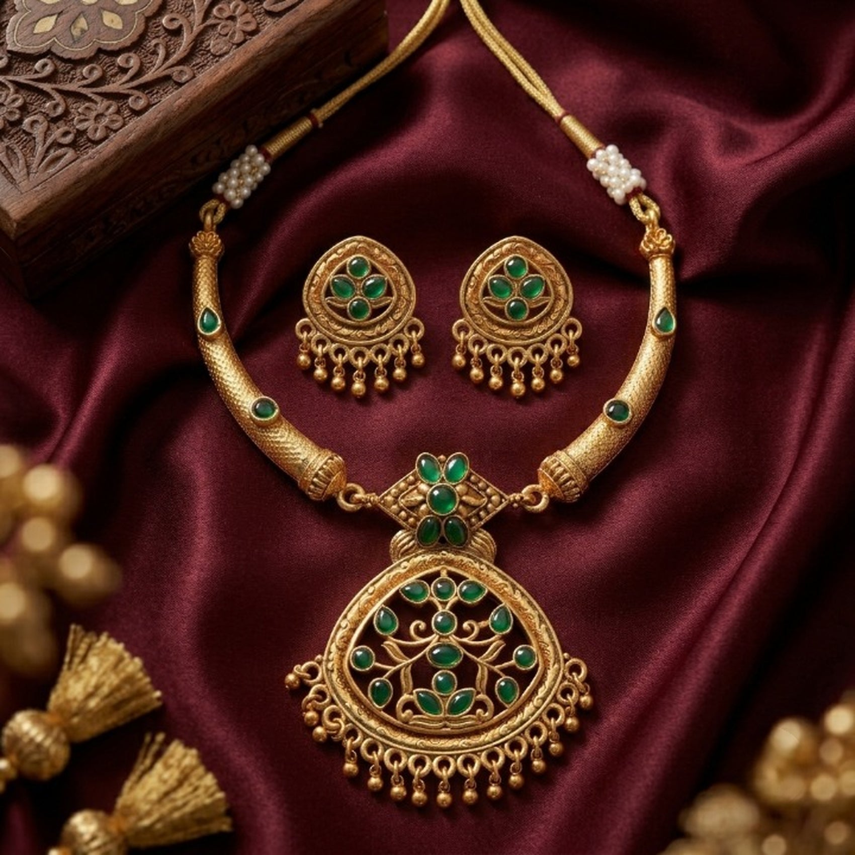 Jewel City Antique Gold Plated Matte Indian Necklace Set with Green Stones | Traditional Bollywood Wedding Jewelry with Earrings | Grocsy