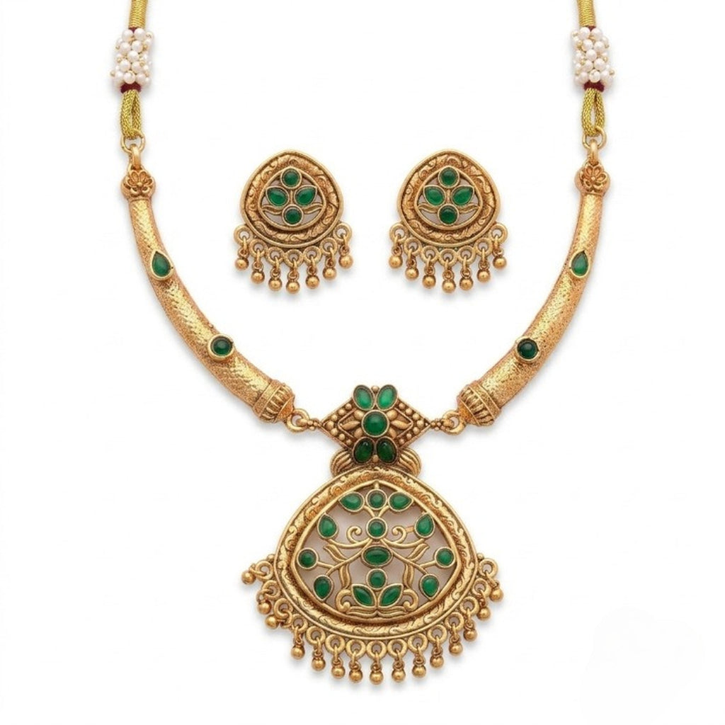 Jewel City Antique Gold Plated Matte Indian Necklace Set with Green Stones | Traditional Bollywood Wedding Jewelry with Earrings | Grocsy