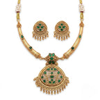 Jewel City Antique Gold Plated Matte Indian Necklace Set with Green Stones | Traditional Bollywood Wedding Jewelry with Earrings | Grocsy