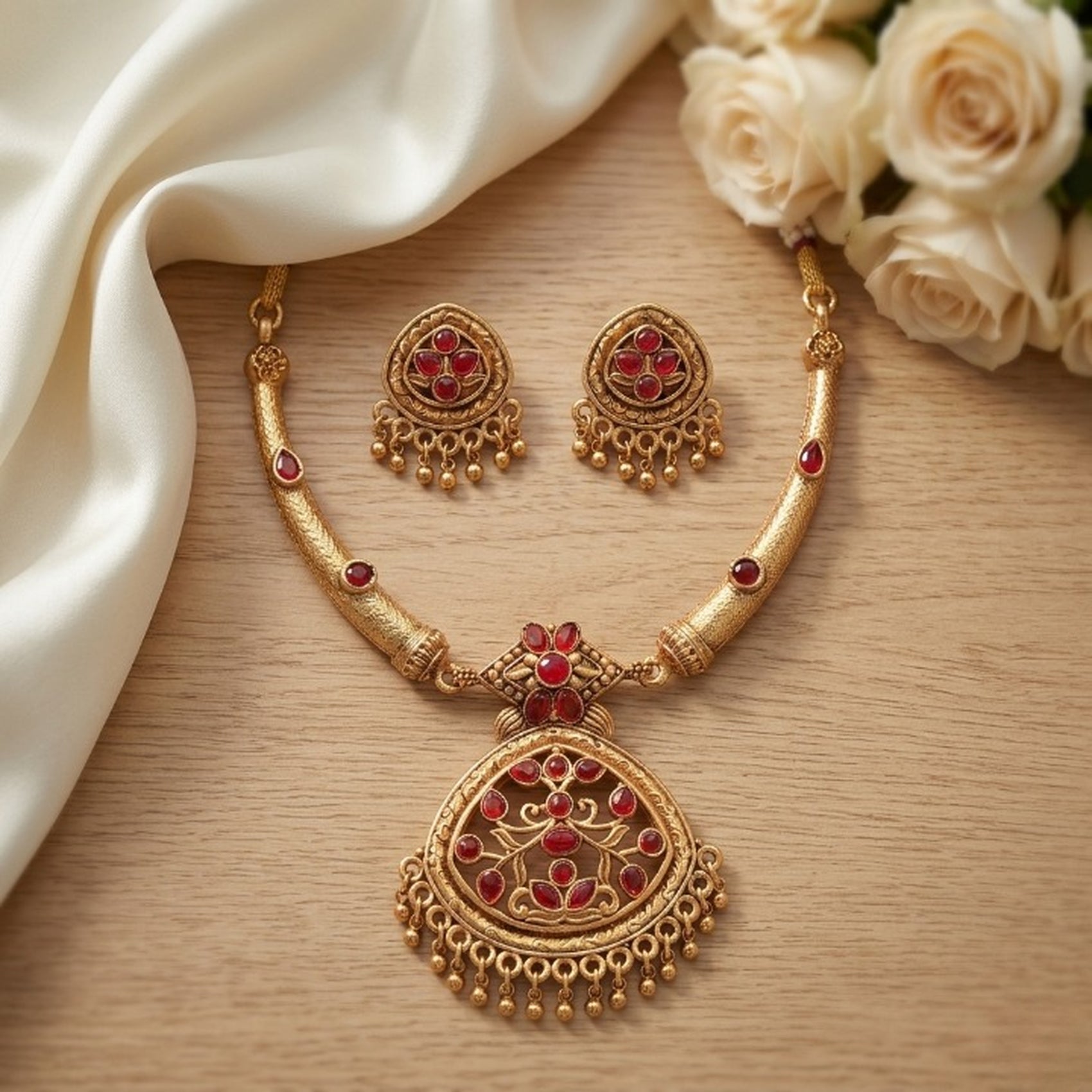 Jewel City Antique Gold Plated Matte Indian Necklace Set with Red Stones | Traditional Bollywood Wedding Jewelry with Earrings | Grocsy