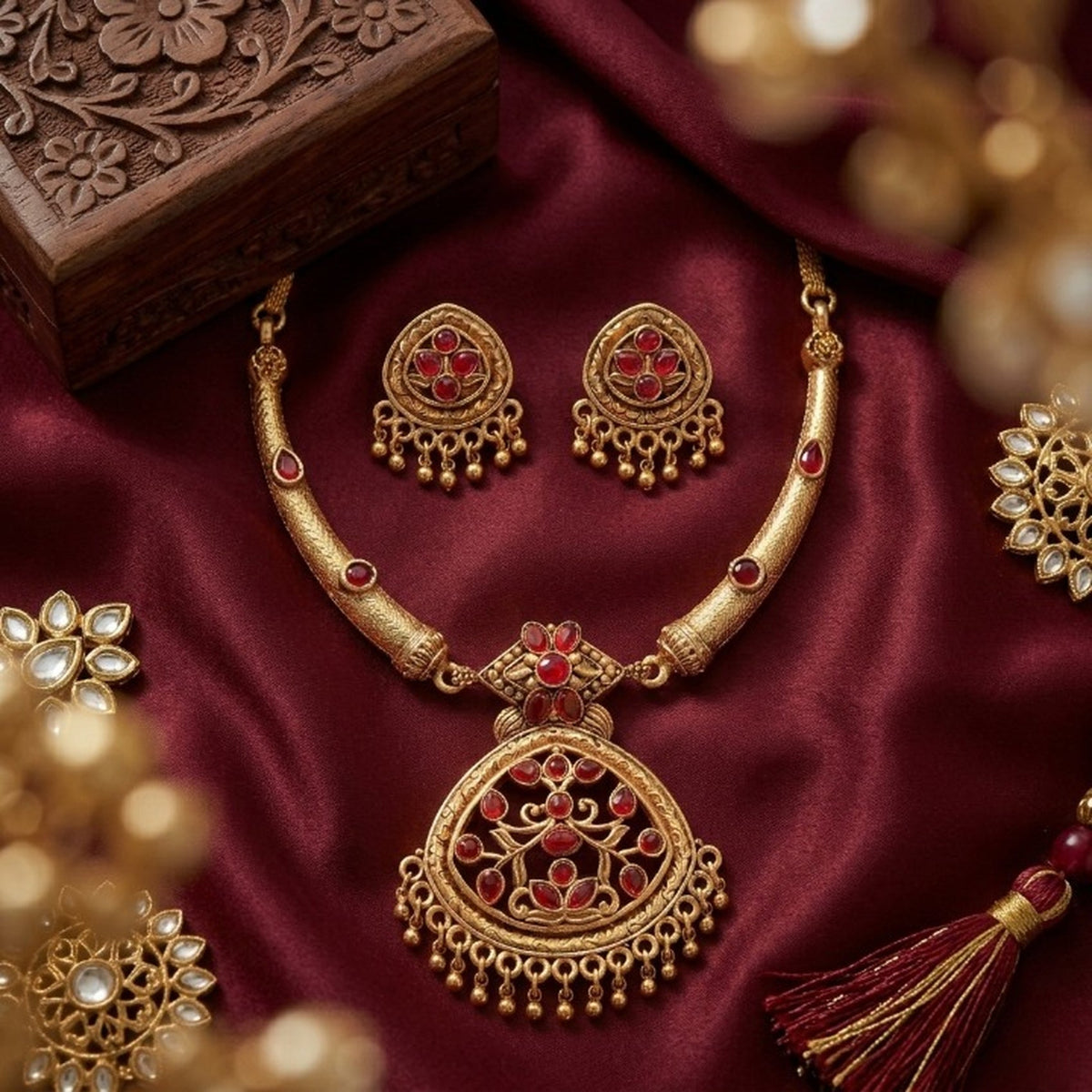 Jewel City Antique Gold Plated Matte Indian Necklace Set with Red Stones | Traditional Bollywood Wedding Jewelry with Earrings | Grocsy