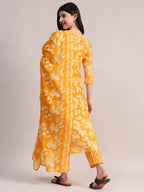 Aavyora Women Mustard Yellow Floral Printed Kurta with Chevron Printed Pants & Dupatta Set | Grocsy