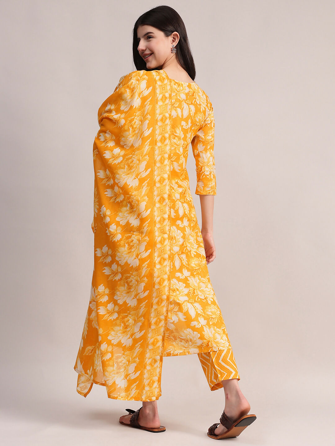 Aavyora Women Mustard Yellow Floral Printed Kurta with Chevron Printed Pants & Dupatta Set | Grocsy