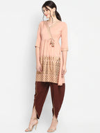 Janasya Women Peach-Coloured & Maroon Printed Angrakha Gotta Patti Kurta with Dhoti Pants | Grocsy