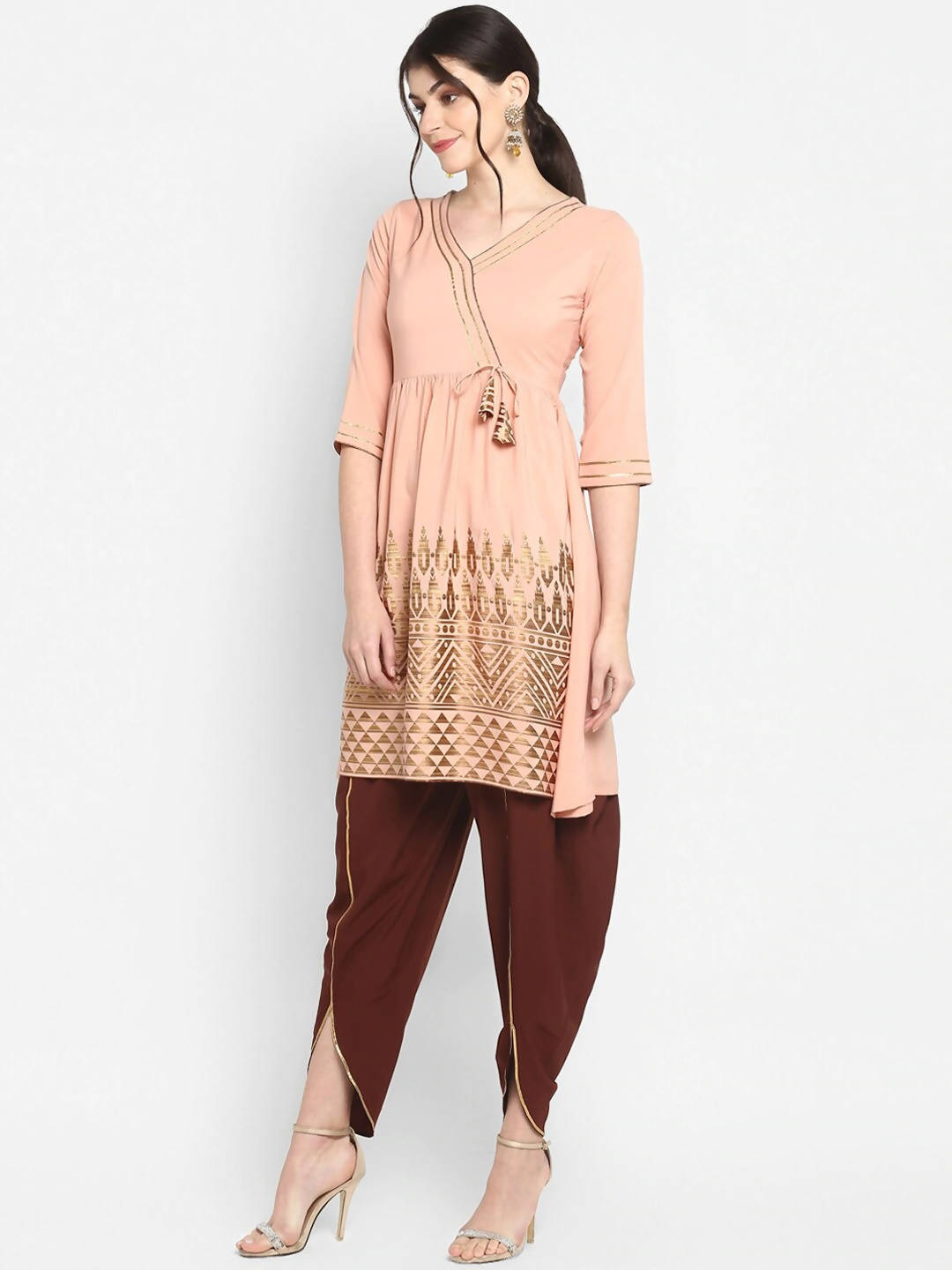 Janasya Women Peach-Coloured & Maroon Printed Angrakha Gotta Patti Kurta with Dhoti Pants | Grocsy