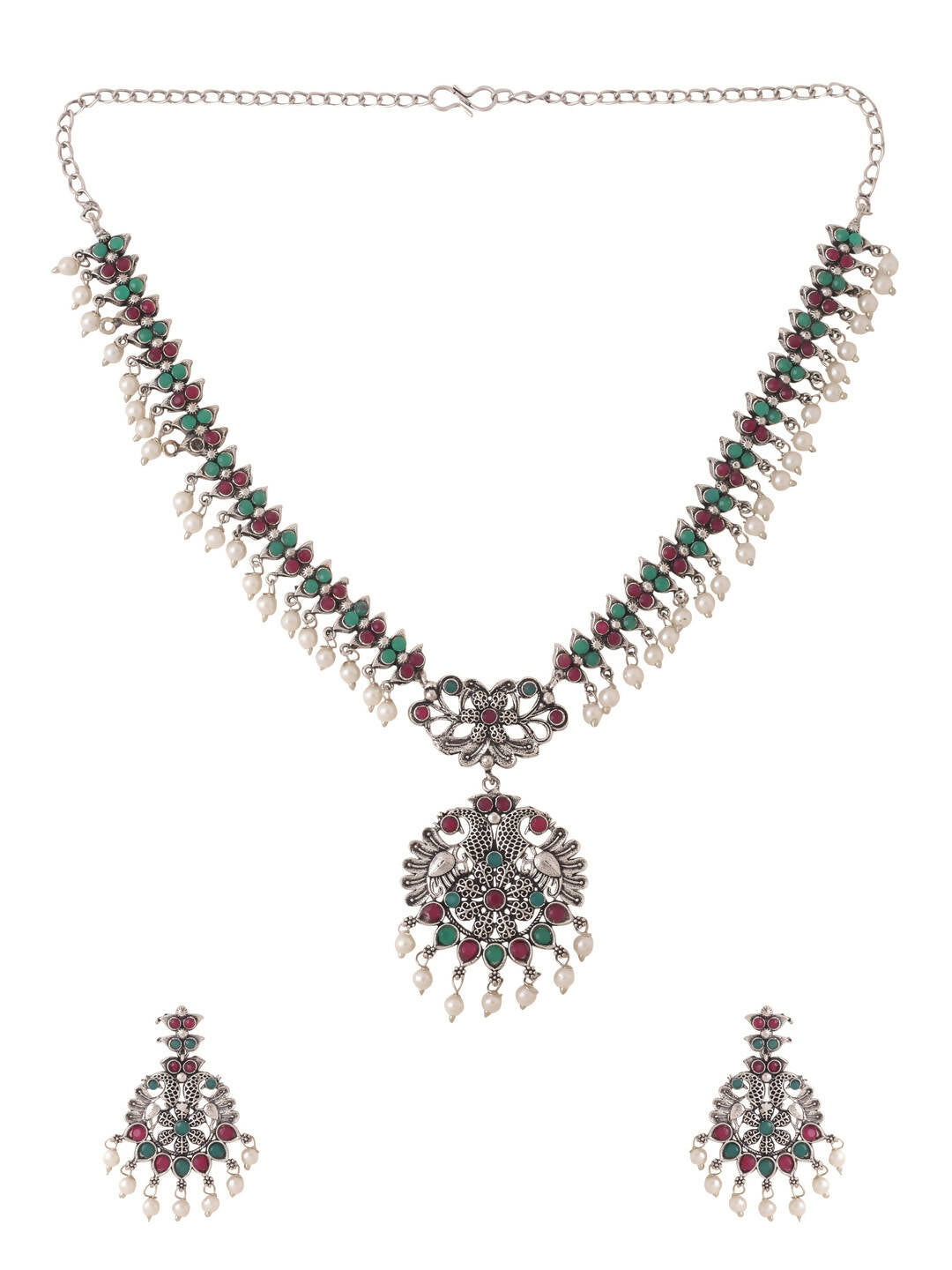 NVR Women Stone Studded Oxidised Silver Jewellery Set | Grocsy