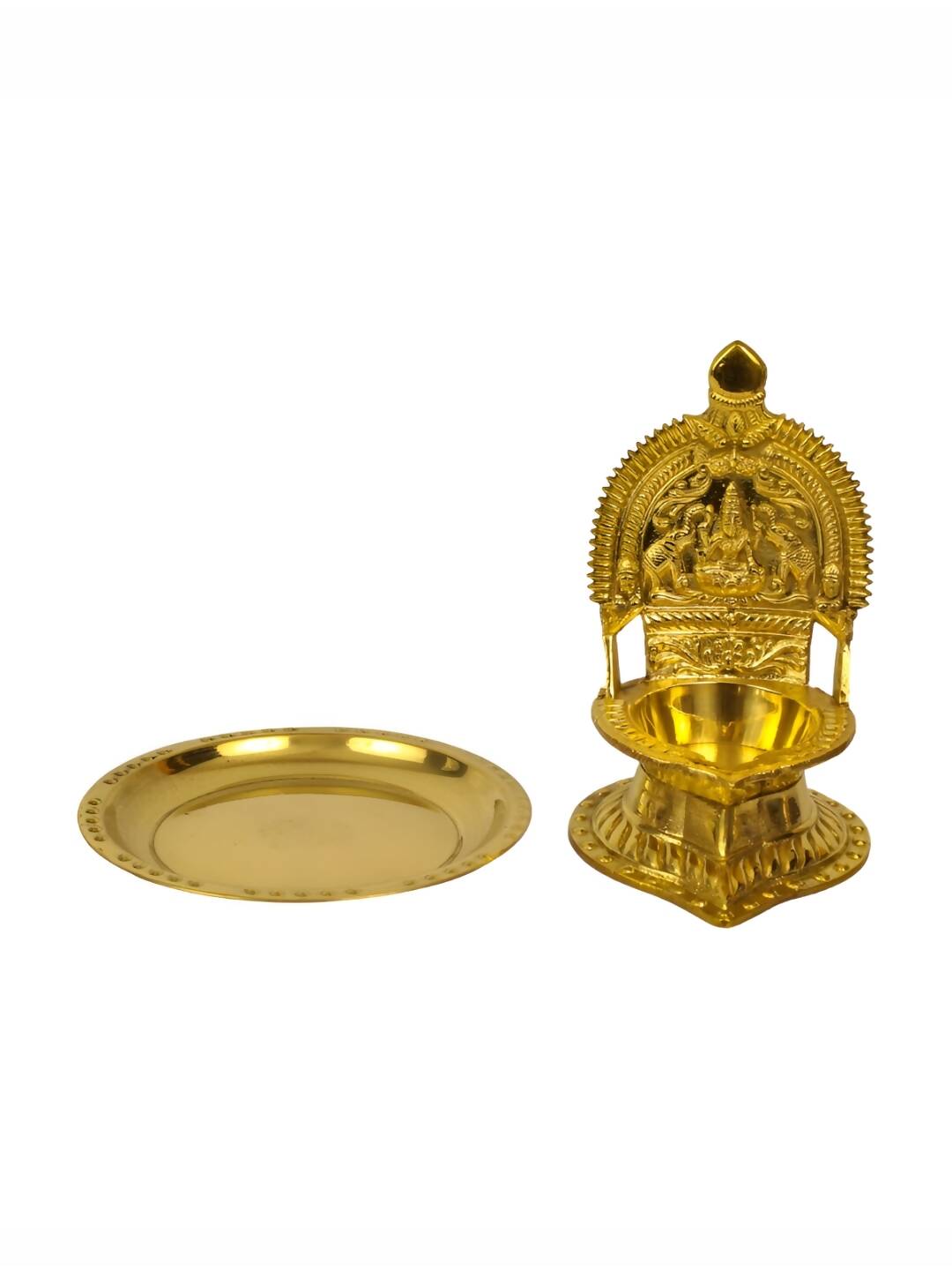 Spillbox Gold Toned Kamachi Diya With Plate Pooja Essentials | Grocsy