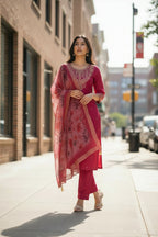 The52 Women's Beautiful Chanderi Silk Fabric Embroidery Work Straight Kurta Pant and Dupatta Set | Grocsy