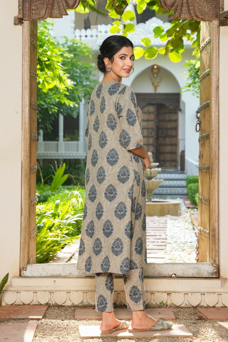 Aramya A-line Linen Cotton Floral Print Women's Kurta Set - Grey | Grocsy