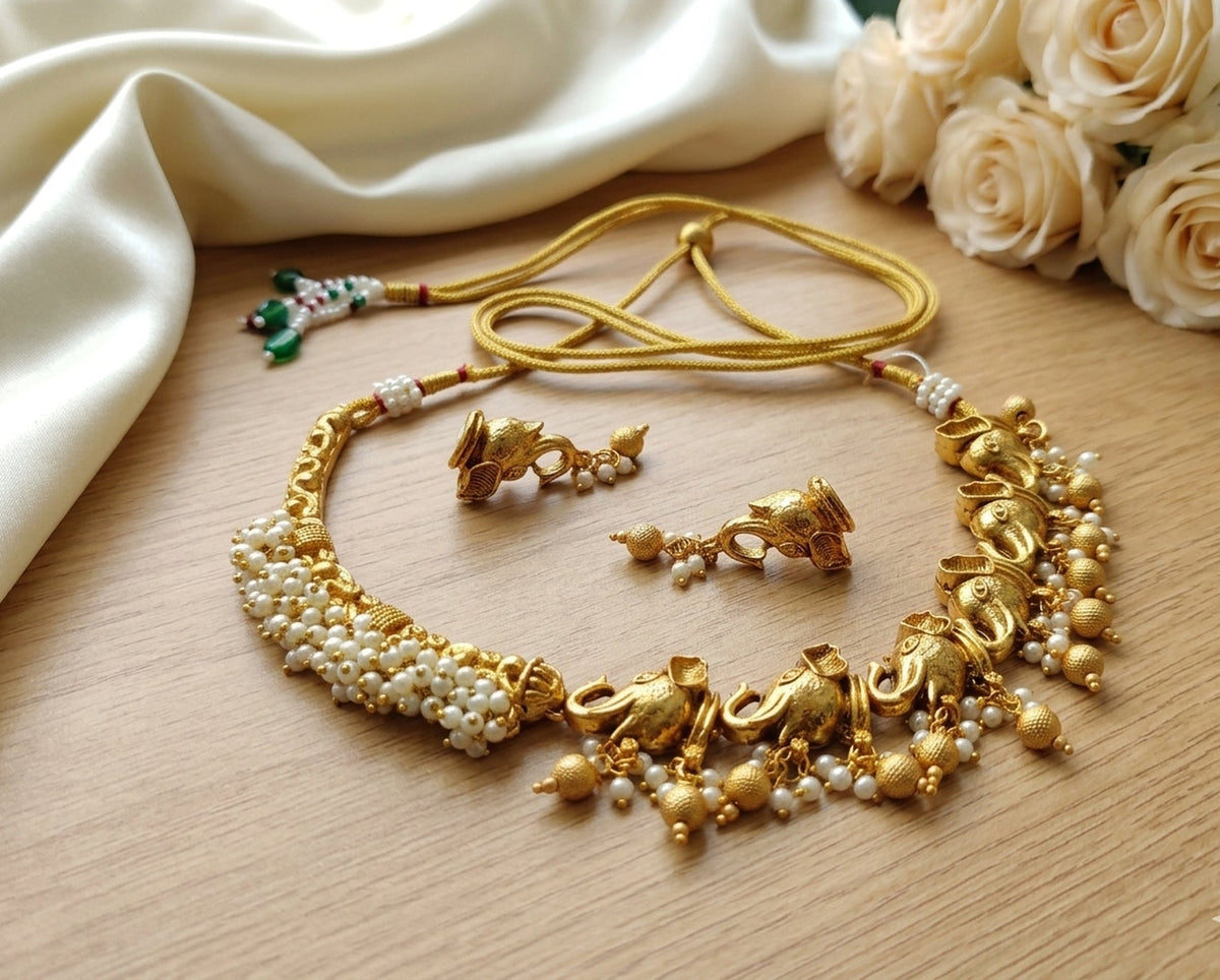 Jewel City Antique Gold South Indian Elephant Temple Choker Necklace Set with Pearls | Traditional Ethnic Bridal Fashion Jewelry | Grocsy