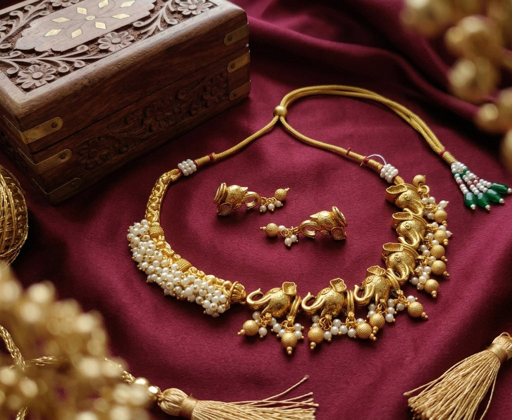 Jewel City Antique Gold South Indian Elephant Temple Choker Necklace Set with Pearls | Traditional Ethnic Bridal Fashion Jewelry | Grocsy