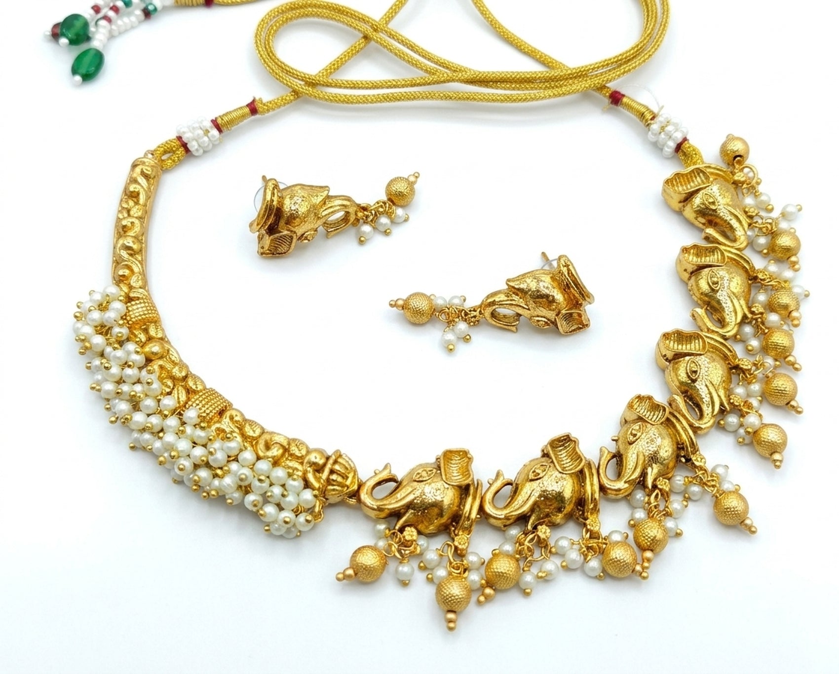 Jewel City Antique Gold South Indian Elephant Temple Choker Necklace Set with Pearls | Traditional Ethnic Bridal Fashion Jewelry | Grocsy