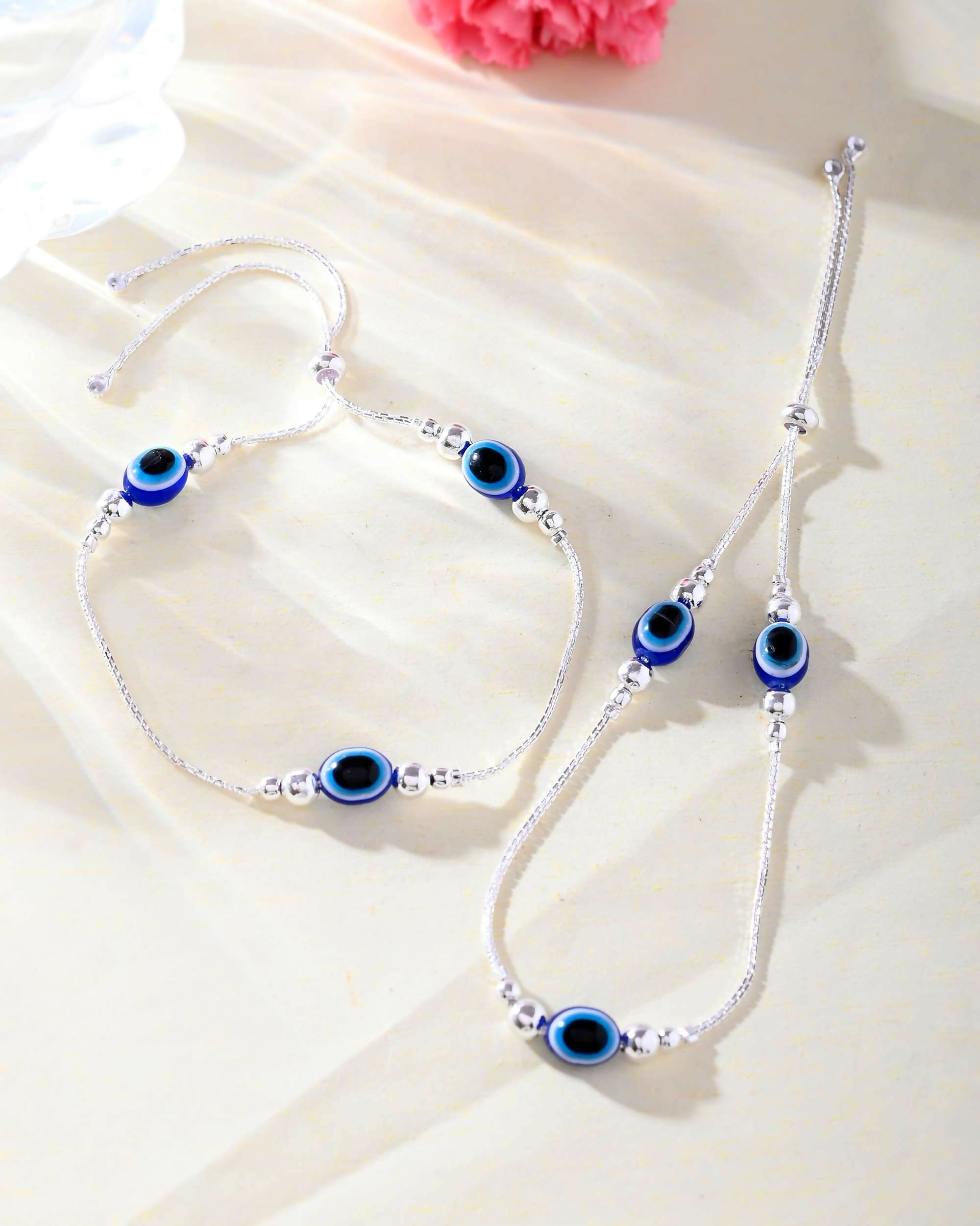 VOJ Set of 2 Silver Plated Evil Eye Anklet | Grocsy