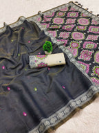 Vastranavya Black Muga Cotton Meenakari & Azarakh Pallu Saree with Contrast Blouse | Grocsy