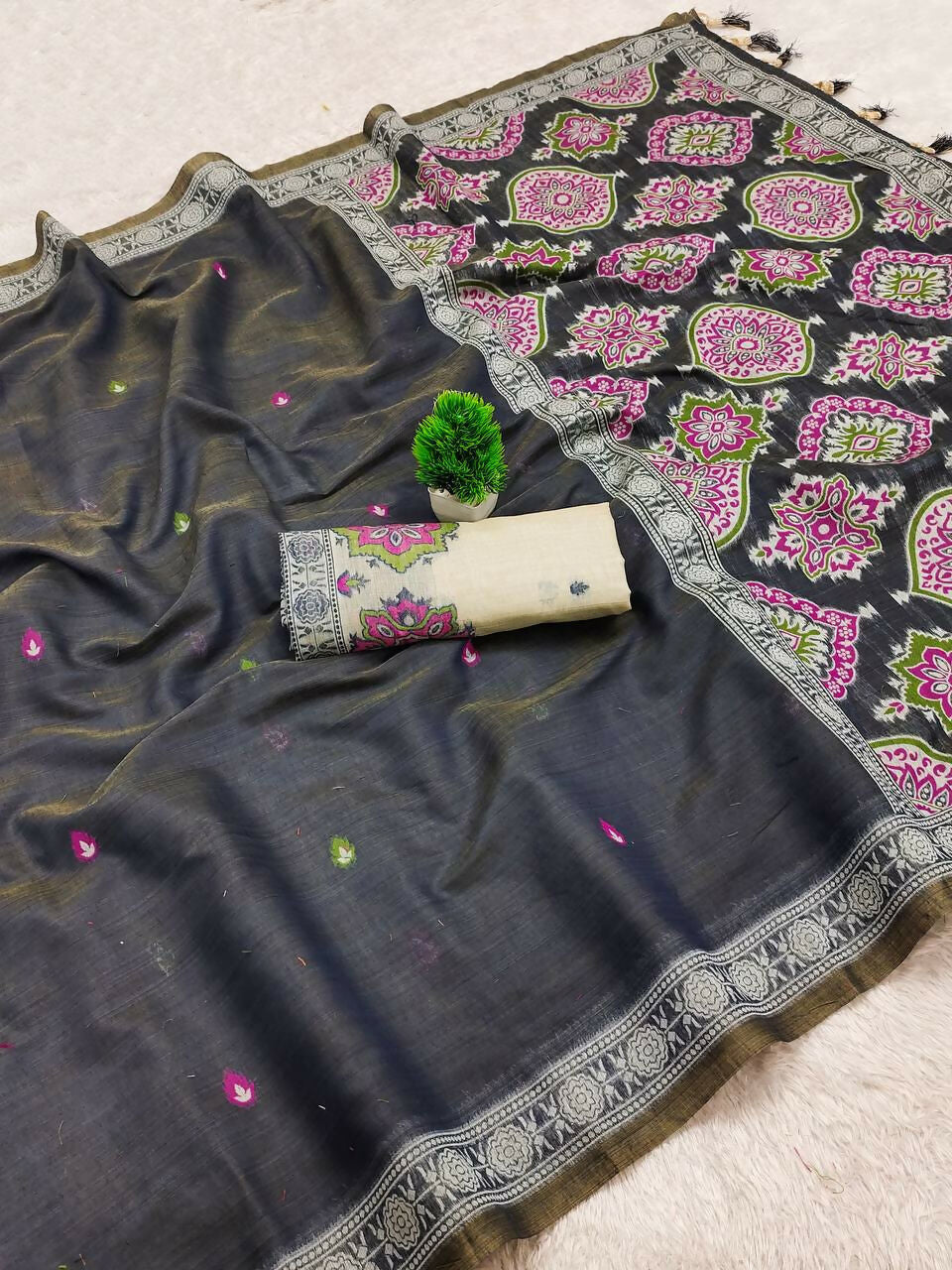Vastranavya Black Muga Cotton Meenakari & Azarakh Pallu Saree with Contrast Blouse | Grocsy