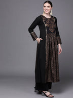 Ahalyaa Women Black Floral Printed Pure Cotton Kurta with Palazzos | Grocsy