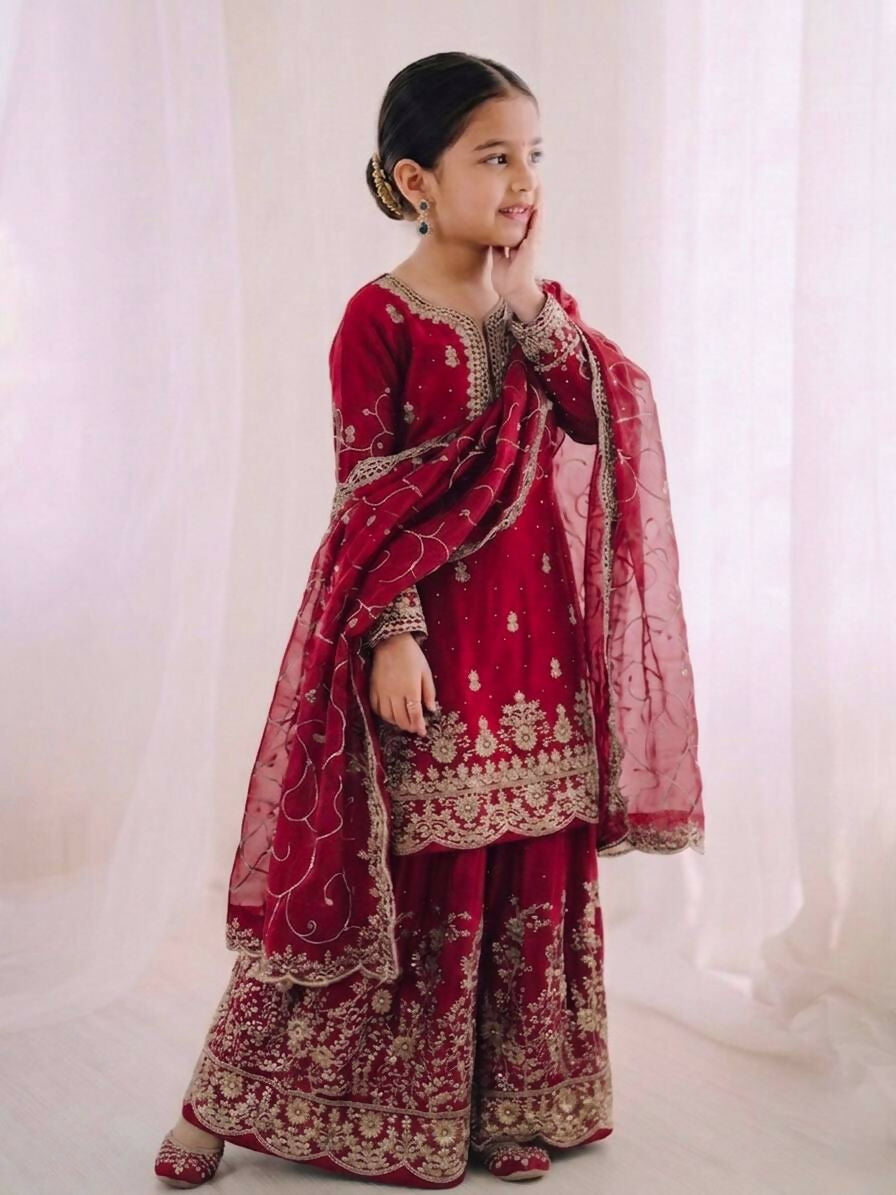 Teeya Creation Girls Heavy Embroidery Pink Ethnic Kurta And Palazzo Set With Net Dupatta | Grocsy
