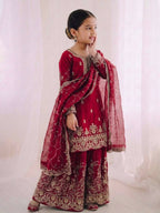 Teeya Creation Girls Heavy Embroidery Pink Ethnic Kurta And Palazzo Set With Net Dupatta | Grocsy