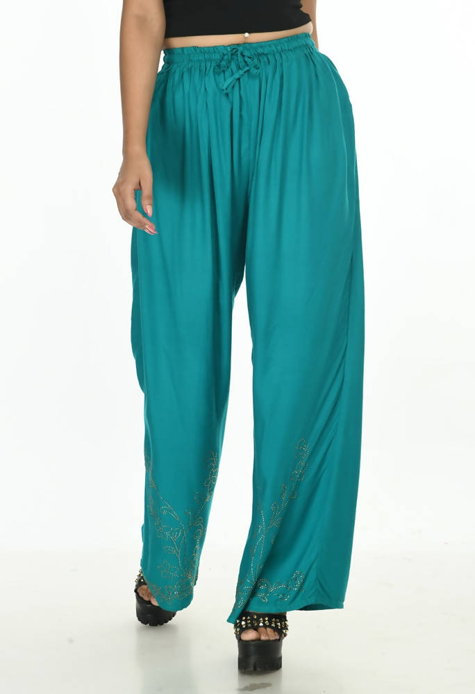 Mominos Fashion Moeza Reyon Cotton Rama Green Color Sirsoki Work Palazzo | Grocsy