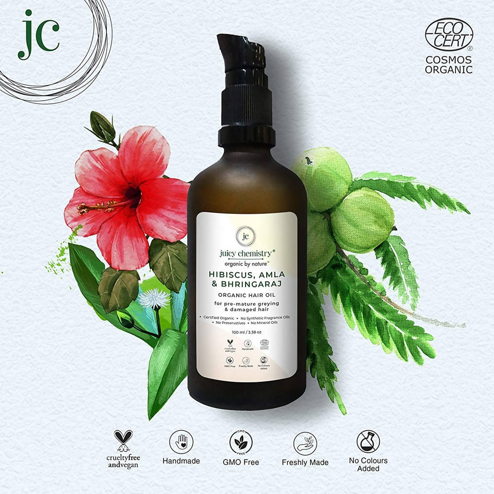 Juicy Chemistry Hibiscus, Amla & Bhringaraj Organic Hair Oil | Grocsy
