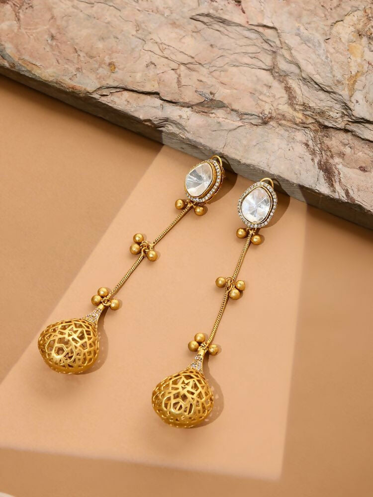 Glass Kundan Antique finish Long Earrings - Ruby Raang | Grocsy