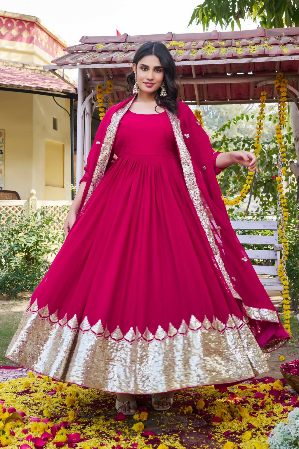 Teeya Creation Womens New Stylish Heavy Sequence Embroidery Work Pink Gown Set | Grocsy