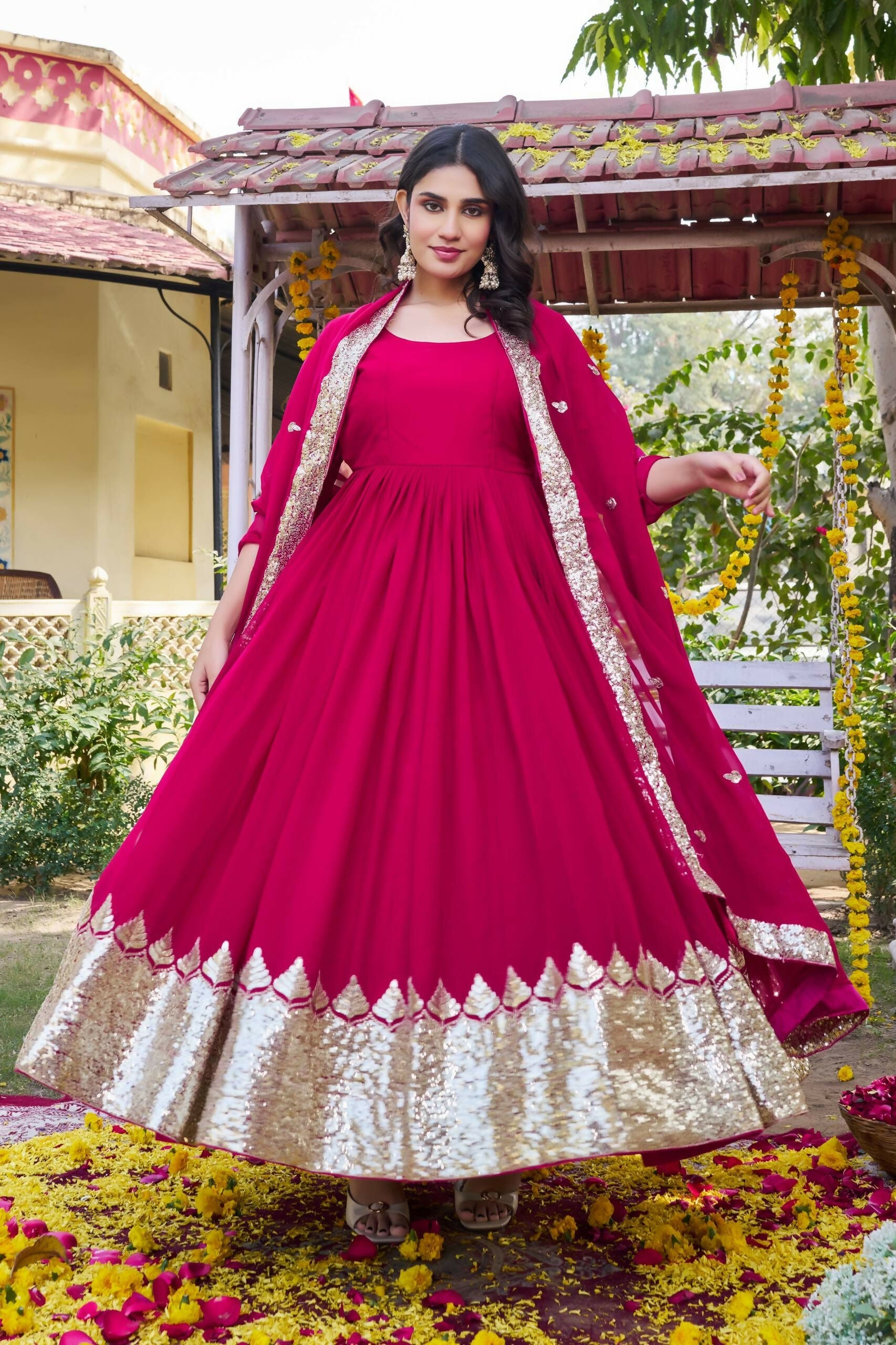 Teeya Creation Womens New Stylish Heavy Sequence Embroidery Work Pink Gown Set | Grocsy