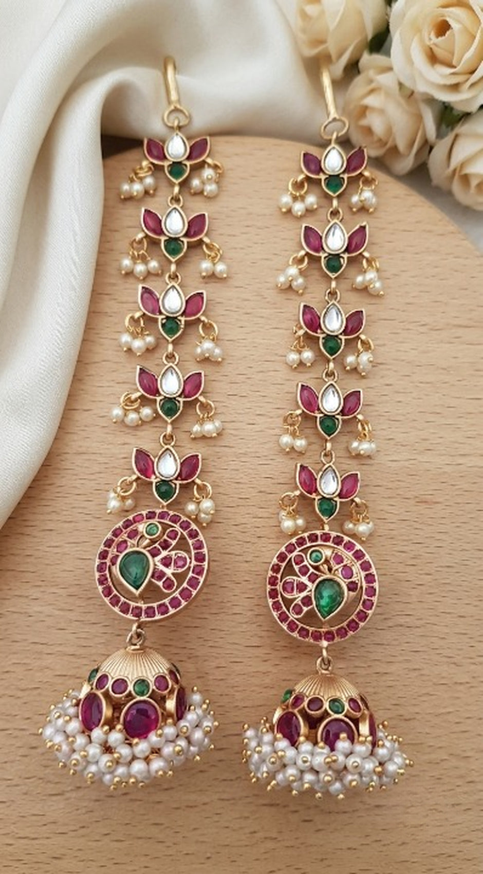 Jewel City Gold Kemp Jhumka Earrings With Matal Chain For Temple & Bridal Wedding Earrings | Grocsy