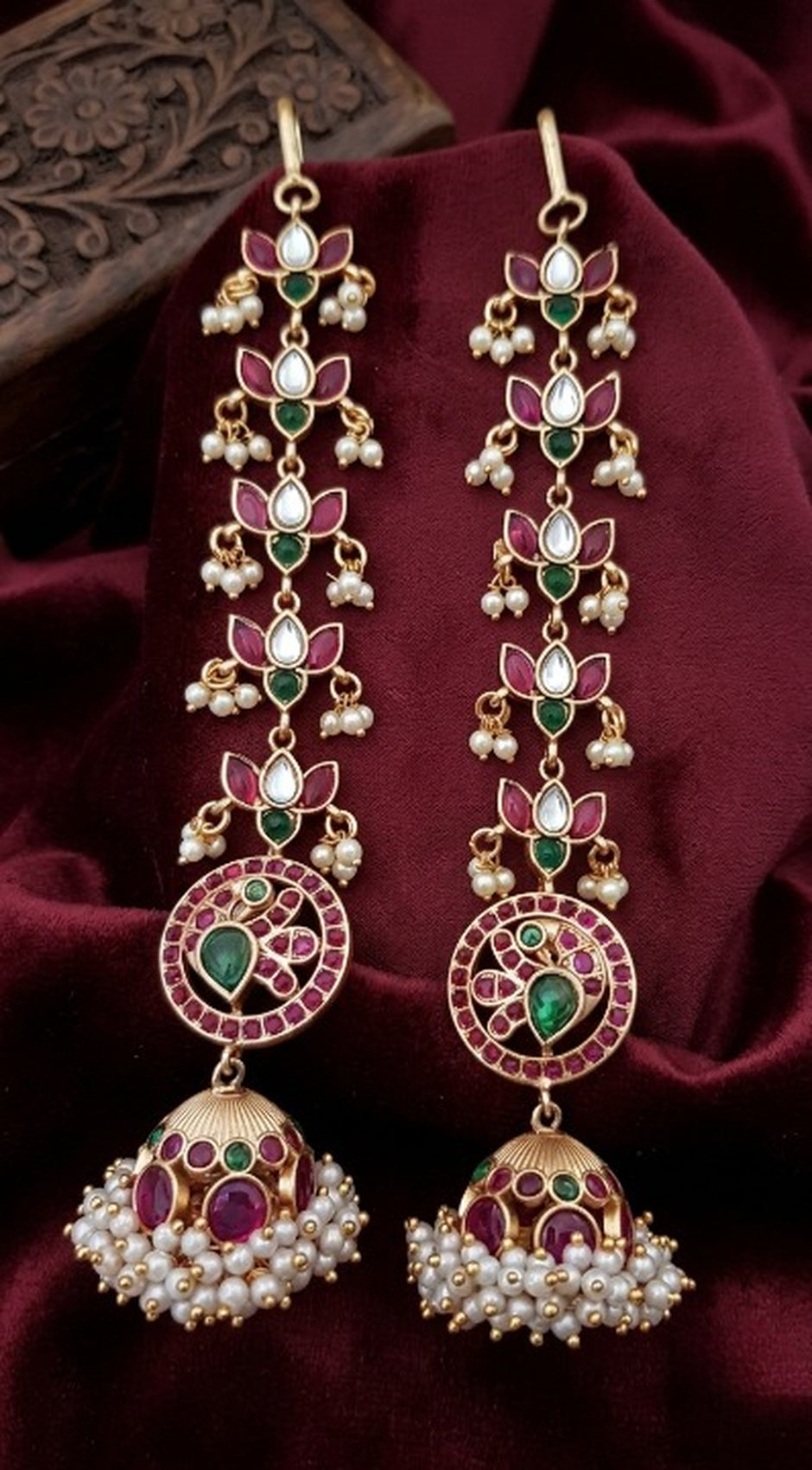 Jewel City Gold Kemp Jhumka Earrings With Matal Chain For Temple & Bridal Wedding Earrings | Grocsy