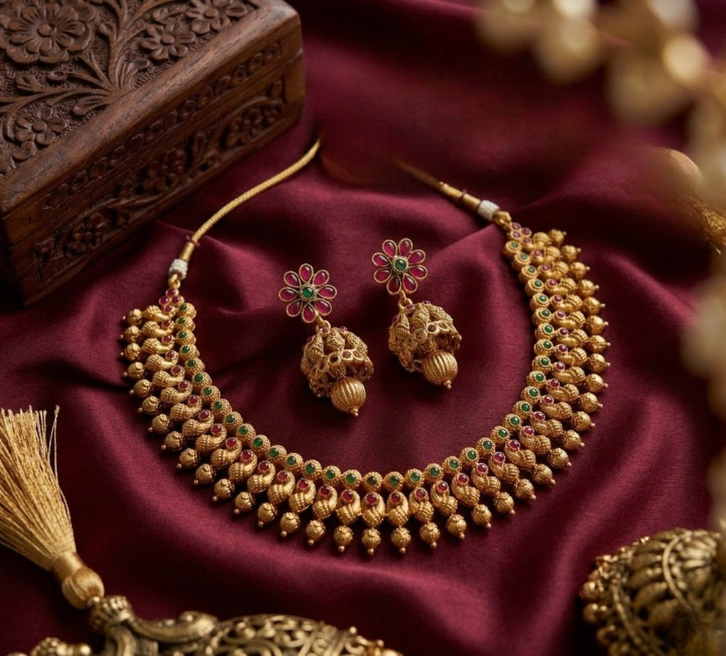 Jewel City Antique Gold Plated South Indian Temple Jewelry Set Choker Necklace Jhumka Earrings Wedding Festival | Grocsy