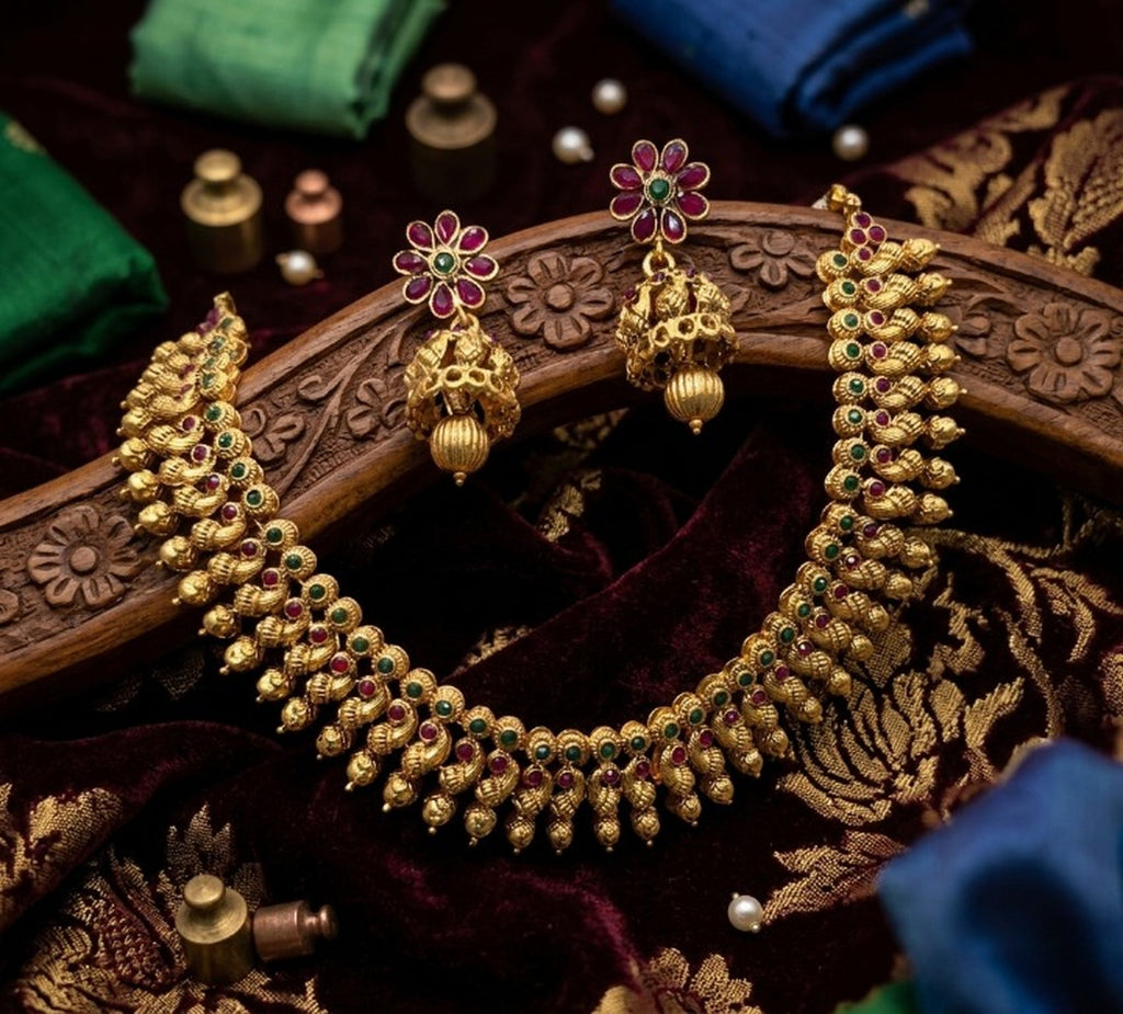 Jewel City Antique Gold Plated South Indian Temple Jewelry Set Choker Necklace Jhumka Earrings Wedding Festival | Grocsy