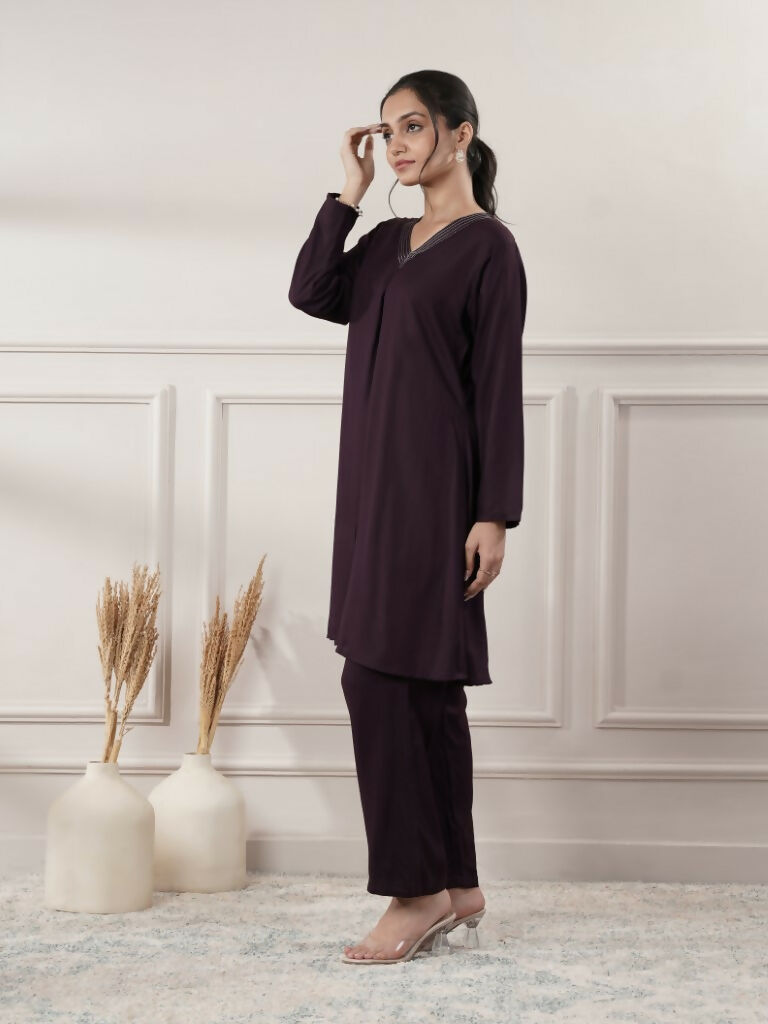Joban Fashion Women's Rayon Wine V-Neck Co-Ord Set With Pant | Grocsy