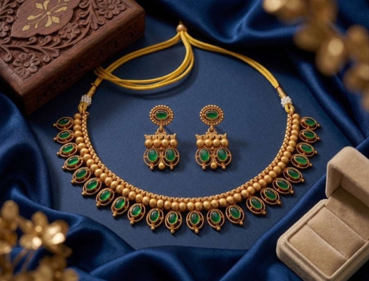 Jewel City Green Antique Gold Matte Temple Jewelry Set | Grocsy
