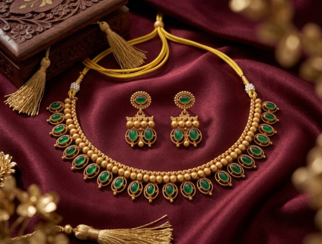 Jewel City Green Antique Gold Matte Temple Jewelry Set | Grocsy